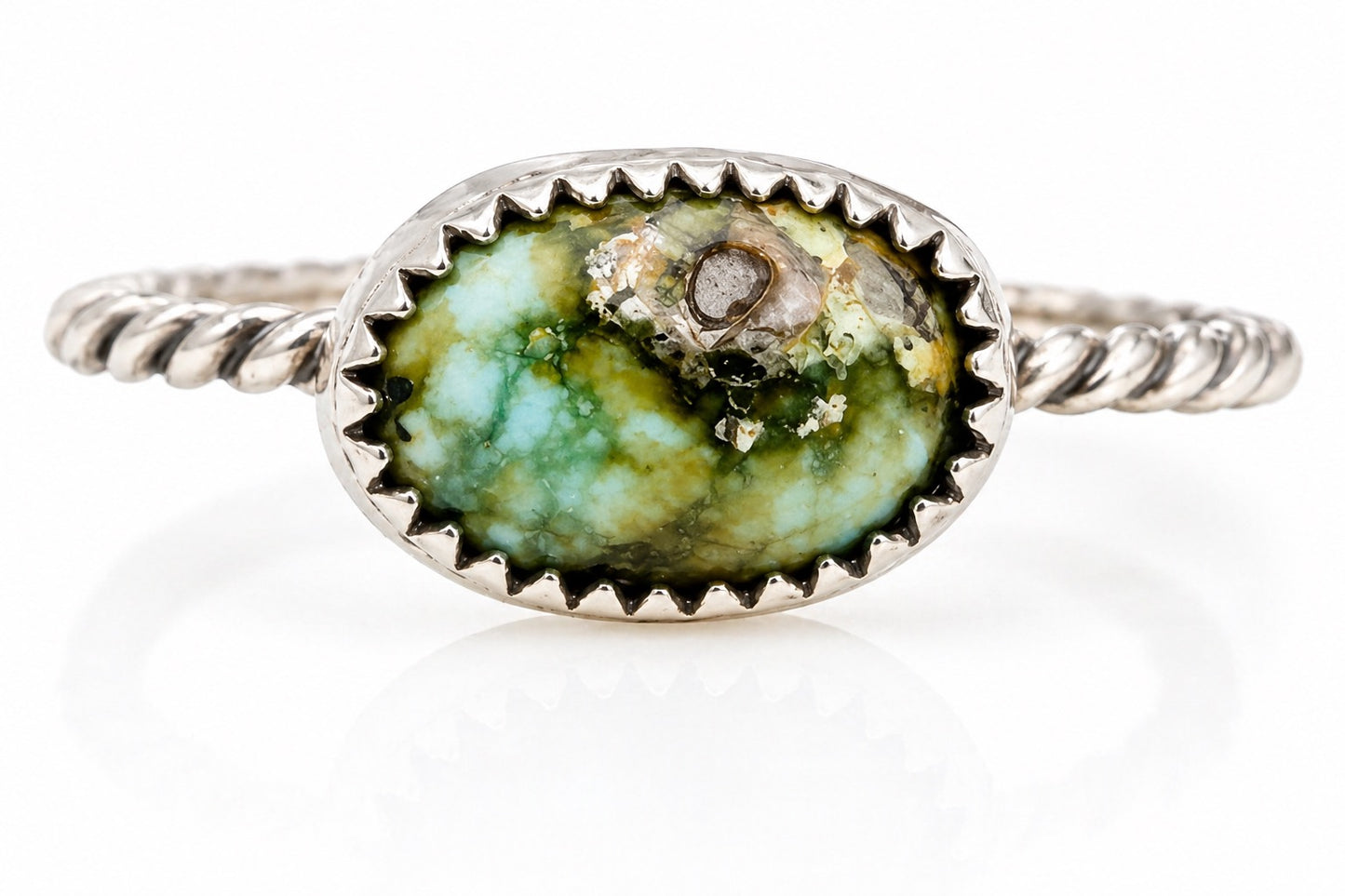 Sonoran Gold Turquoise Ring – Sterling Silver Twisted Rope Band – Genuine Green Turquoise Statement Ring – Size 8 – Handmade Stacker or Solo Ring – OOAK