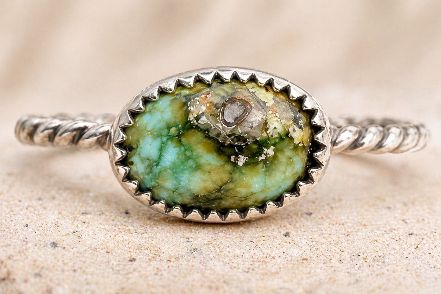 Sonoran Gold Turquoise Ring – Sterling Silver Twisted Rope Band – Genuine Green Turquoise Statement Ring – Size 8 – Handmade Stacker or Solo Ring – OOAK