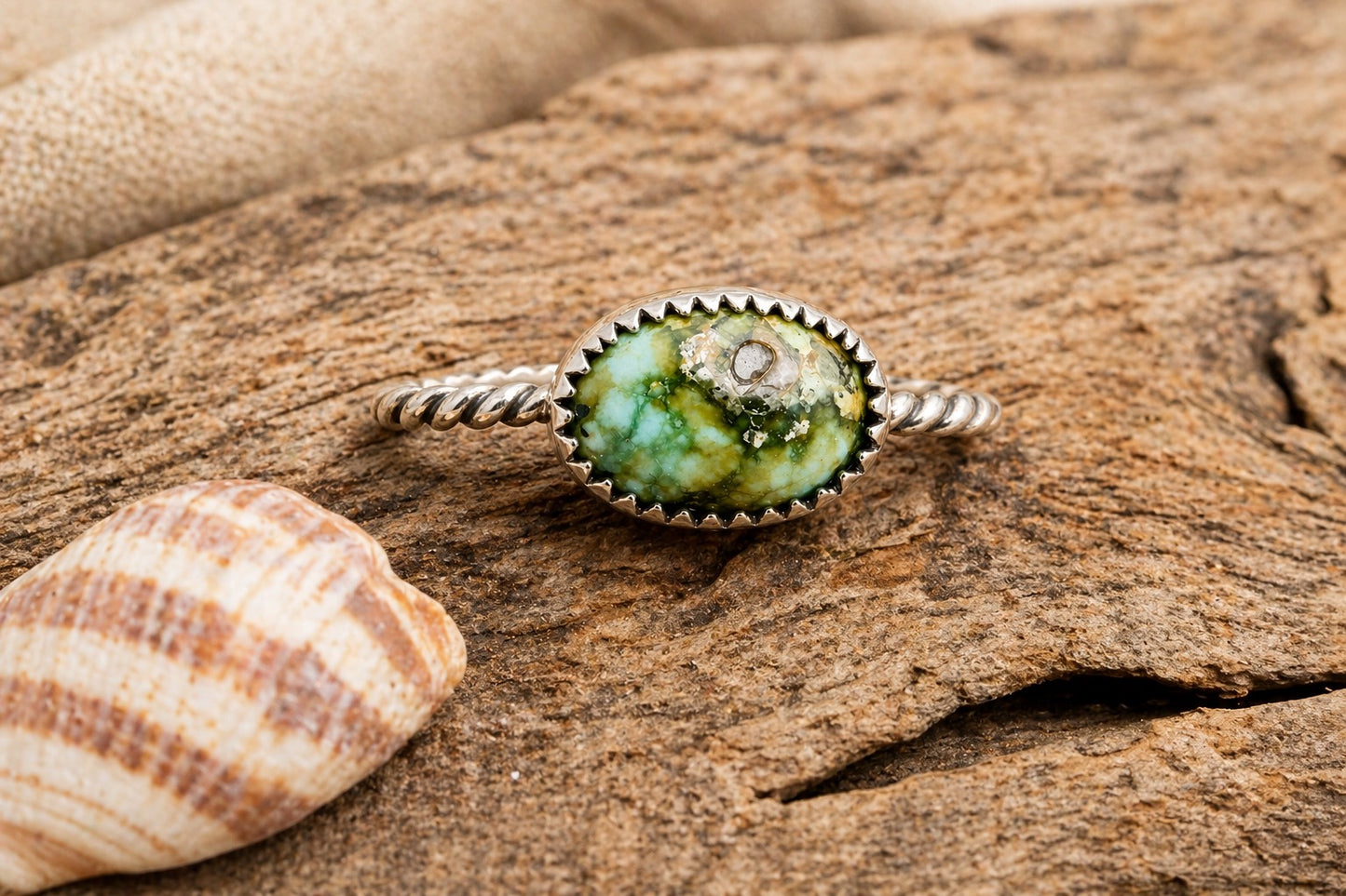 Sonoran Gold Turquoise Ring – Sterling Silver Twisted Rope Band – Genuine Green Turquoise Statement Ring – Size 8 – Handmade Stacker or Solo Ring – OOAK