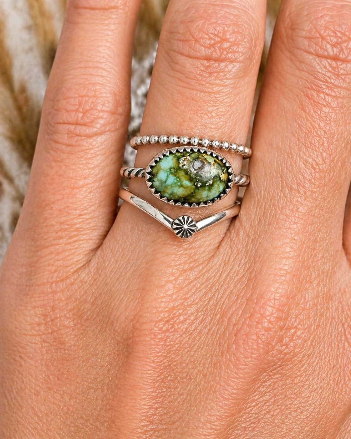 Sonoran Gold Turquoise Ring – Sterling Silver Twisted Rope Band – Genuine Green Turquoise Statement Ring – Size 8 – Handmade Stacker or Solo Ring – OOAK