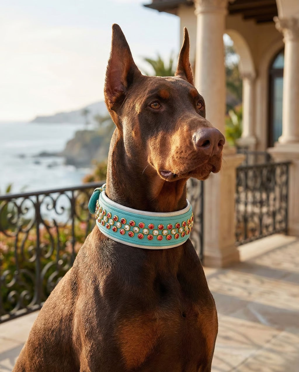 Luxury Dusty Turquoise BioThane Dog Collar | 2” Padded | Padparadscha & Crystal | Solid Brass Hardware | 18–20”