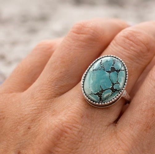 Large Hubei Turquoise Ring Sterling Silver Size 10 Handmade Statement Turquoise Ring Oval Bezel Artisan Gift for Her