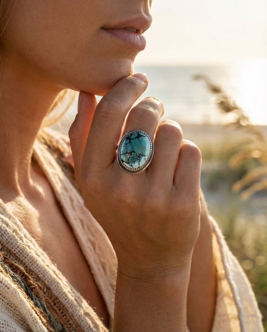 Large Hubei Turquoise Ring Sterling Silver Size 10 Handmade Statement Turquoise Ring Oval Bezel Artisan Gift for Her