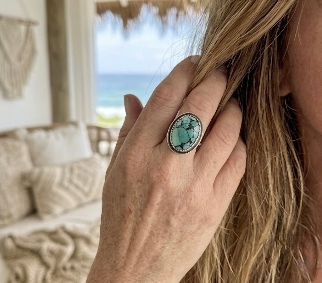 Large Hubei Turquoise Ring Sterling Silver Size 10 Handmade Statement Turquoise Ring Oval Bezel Artisan Gift for Her