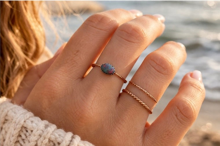 Australian Boulder Opal Doublet Ring Size 10, 14k Rose Gold Filled Ring, Dainty Opal Stacking Ring, Sterling Silver Setting, Handmade Ring