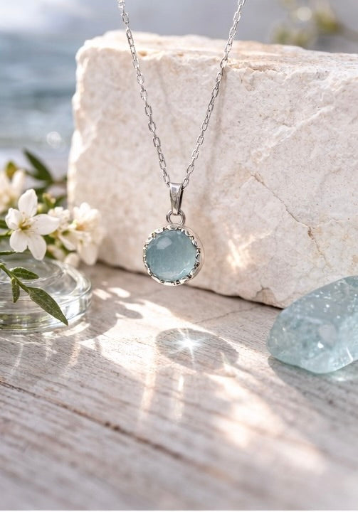 Sterling Silver Aquamarine Necklace, Natural Aquamarine Pendant, 8mm Crown Bezel, March Birthstone Necklace, Handmade Minimalist Jewelry