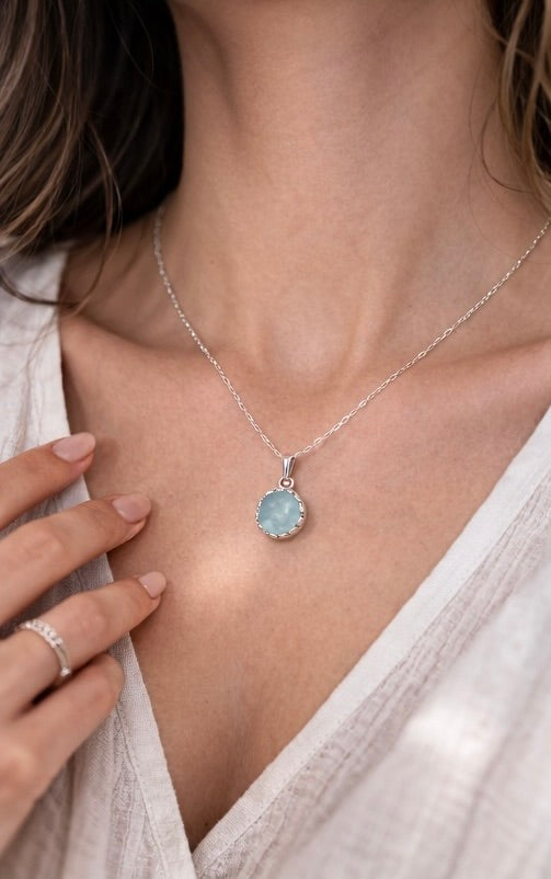 Sterling Silver Aquamarine Necklace, Natural Aquamarine Pendant, 8mm Crown Bezel, March Birthstone Necklace, Handmade Minimalist Jewelry