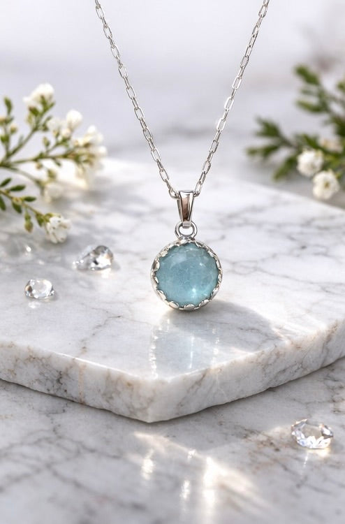 Sterling Silver Aquamarine Necklace, Natural Aquamarine Pendant, 8mm Crown Bezel, March Birthstone Necklace, Handmade Minimalist Jewelry