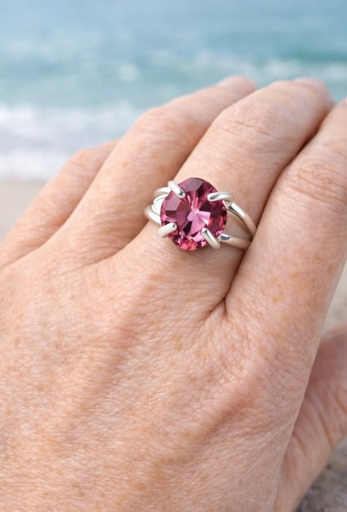 Pink Topaz Ring Size 9 Sterling Silver Handmade Statement Ring Round Gemstone