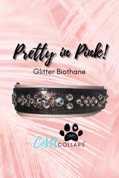 QUICK SHIP!!! 17.5" - 19.5" & 2"W Barbie Glitter Pink Black Vegan Leather Biothane Crystal Luxury Dog Cat CoVA Collar