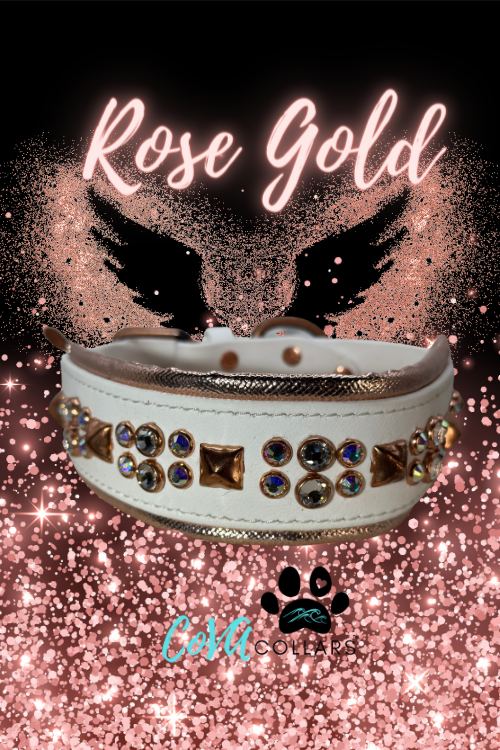 READY TO SHIP!!! 17" - 19" & 2" wide White Rose Gold Vegan Leather Biothane Bling Crystal Luxury Dog Cat Collar