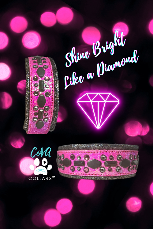 QUICK SHIP!!! 16-18" & 2" Wide Barbie Pink Glitter Black Sparkle Luxury Dog Cat Leather Crystal CoVA Collar - The CoVA Collection