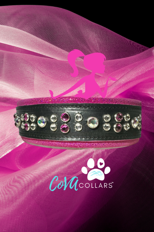 QUICK SHIP!!! 18-20" & 2" Wide Barbie Pink Black Sparkle Luxury Dog Cat Leather Crystal CoVA Collar