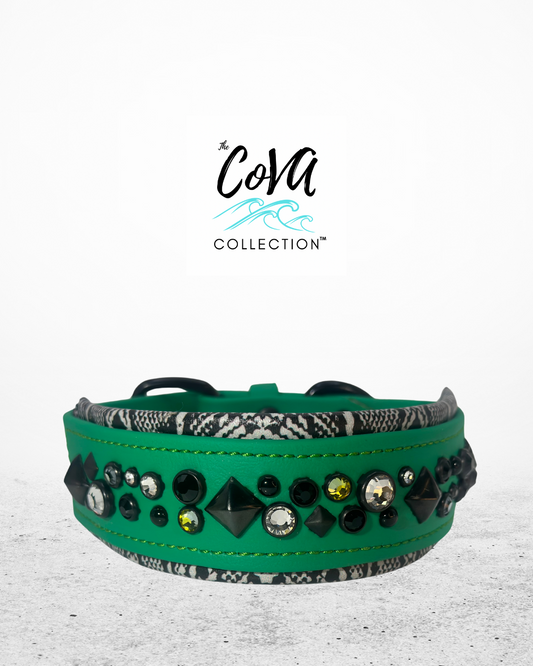 READY 2 SHIP!!! 14.5"-16.5" & 2"w NEW Emerald Green Freestyle Dragon Snake Vegan Leather Biothane Crystal Luxury Dog Cat CoVA Collar