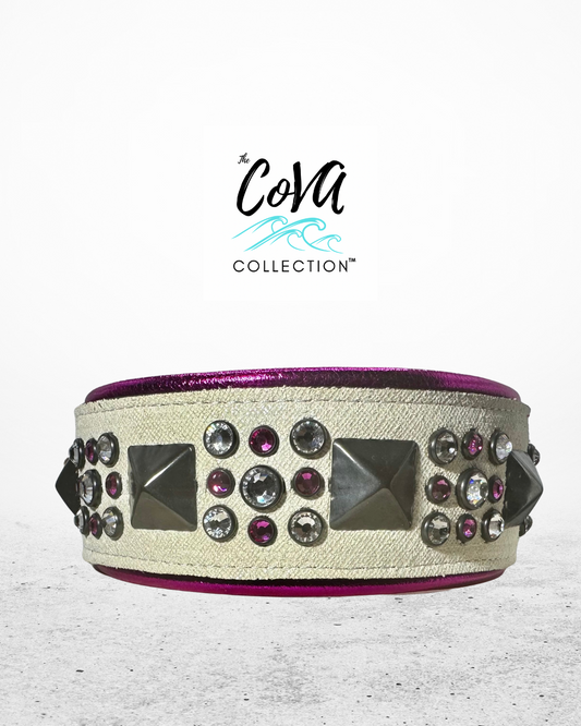 QUICK SHIP!!! 18-20" & 2.5 Wide Barbie Pink White Black Luxury Dog Cat Leather Crystal CoVA Collar