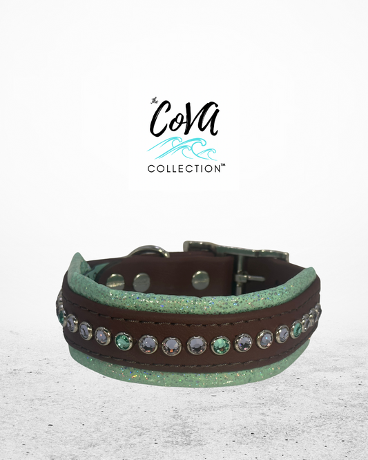 READY TO SHIP!!! 12.5" - 14.5" & 1.5" wide Mesmera Mint Red-Brown Nickel Biothane Bling Crystal Luxury Pixie Dog Cat Collar