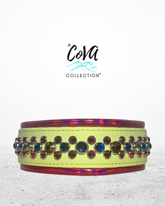 New Color Release - Pastel Yellow READY TO SHIP! 15" - 17" & 1.5" W Volcano Fuchsia Vegan Leather Biothane Crystal Luxury Dog Cat Collar