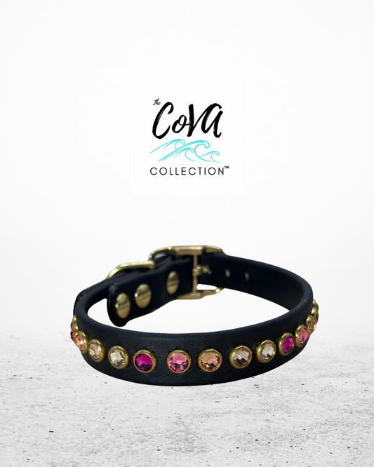 READY TO SHIP!!! 11" - 13" & .75" W Black Pink Ombre Biothane Glowing Crystal Luxury Dog Cat CoVA Collar