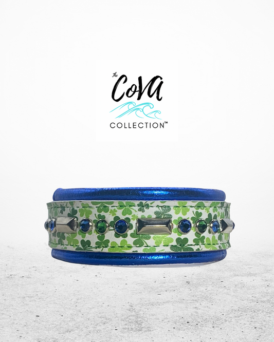 READY TO SHIP! 11.75" - 13.75" Shamrock Lucky Green Blue Silver White Bling Crystals Luxury Leather Dog CoVA Collar