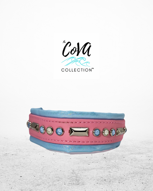 READY TO SHIP!!! 14.5" - 16.5" & 1.5" W Discontinued Pastel Bubblegum Pink Blue Biothane Glowing Crystal Luxury Dog Cat CoVA Collar