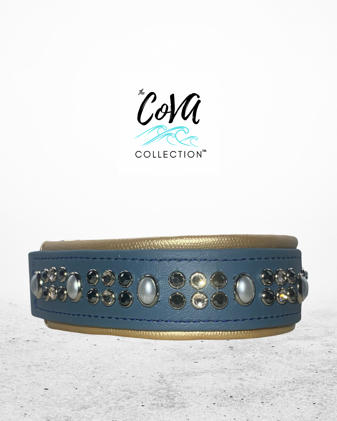 New Color Release - Petrol Blue READY TO SHIP! 17.5" - 19.5" & 2"W Gold Pearl Vegan Leather Biothane Crystal Luxury Dog Cat Collar