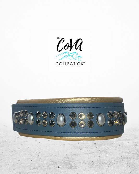 New Color Release - Petrol Blue READY TO SHIP! 17.5" - 19.5" & 2"W Gold Pearl Vegan Leather Biothane Crystal Luxury Dog Cat Collar
