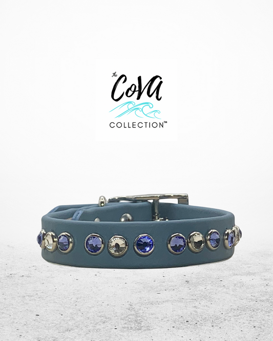 READY TO SHIP! 9.5" - 11.5" & .75" Wide New Petrol Blue Violet Crystals Luxury Vegan Leather Dog Collar