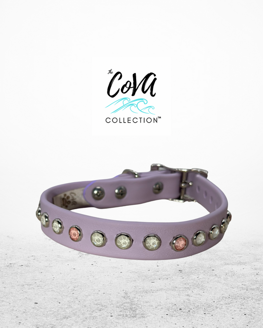 READY TO SHIP!!! 11" - 13" & .75" wide Pastel Lilac Lavender Purple White Pink Vegan Leather Biothane Crystal Luxury Dog Collar