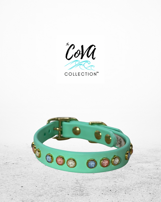 READY TO SHIP!!! 10.5" - 12.5" & .75" Wide Luxury Pastel Mint Green Sparkle Dog Cat Biothane Vegan Leather CoVA Collar
