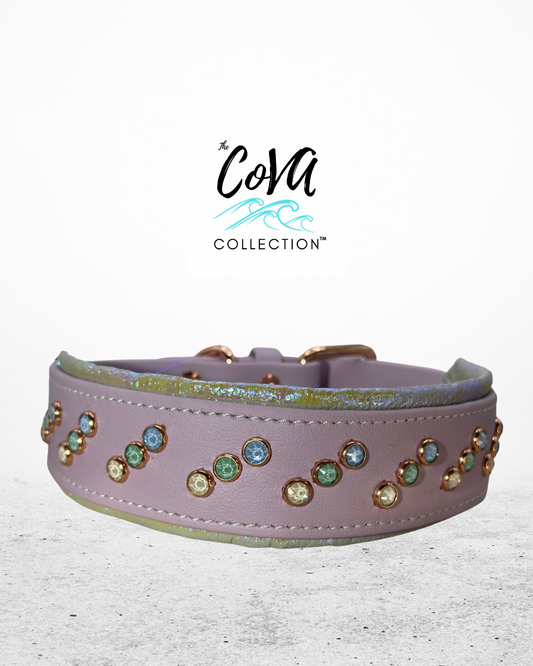READY TO SHIP! 17" - 19" & 2" W Lavender Purple Green Rose Gold Crystals Luxury Biothane Vegan Leather Dog Cat CoVA Collar