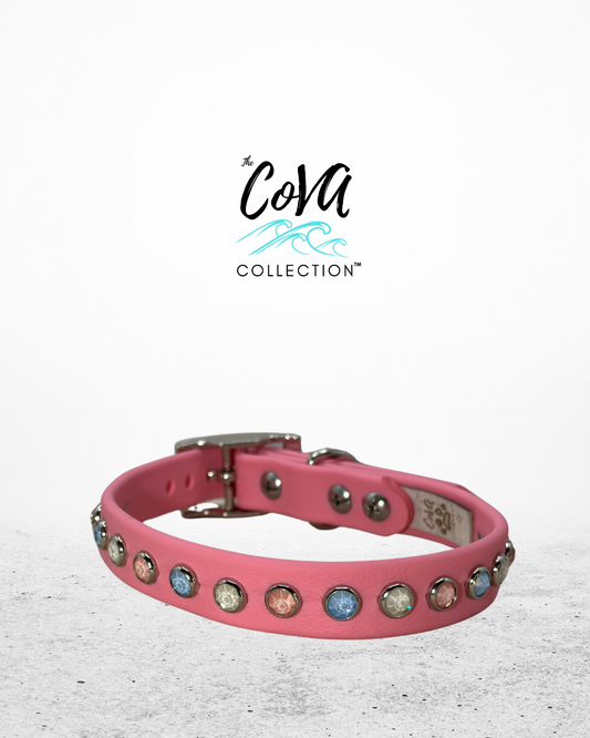 READY TO SHIP!!! 12" - 14" & .75" Wide Pastel Bubblegum Pink Crystal Dog Cat Biothane Vegan Leather CoVA Collar