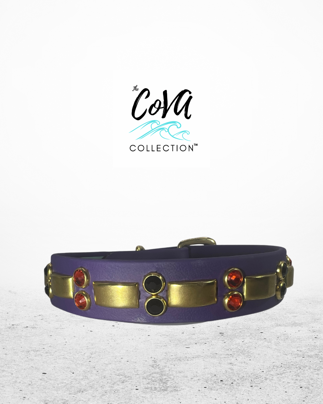 14” - 16” & 1" W Purple Brass Orange Black Bling Crystals Luxury Vegan Biothane Leather Dog CoVA Collar