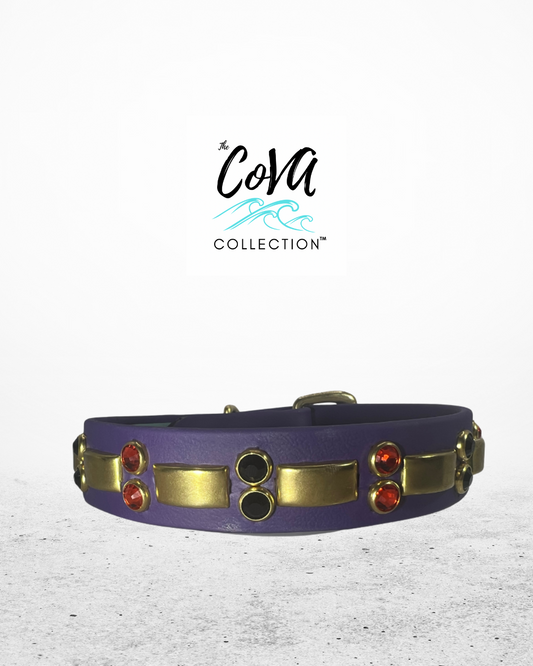 14” - 16” & 1" W Purple Brass Orange Black Bling Crystals Luxury Vegan Biothane Leather Dog CoVA Collar