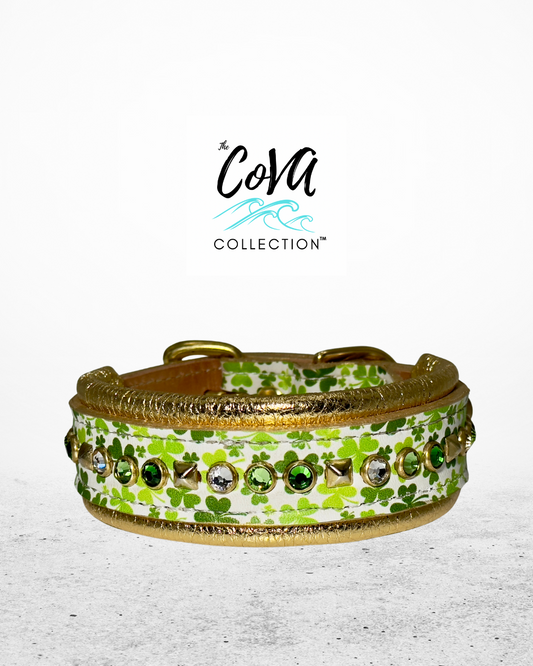 12.75-14.75"; 1.5" Wide St. Patrick's Patty Day Leather Dog Collar Clovers Shamrock Crystals Brass