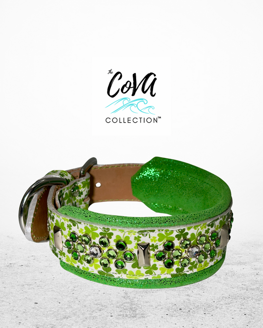 16.5-18.5"; 2" Wide Leather Shamrock St. Patrick's Patty's Day Dog Collar Bling Crystals