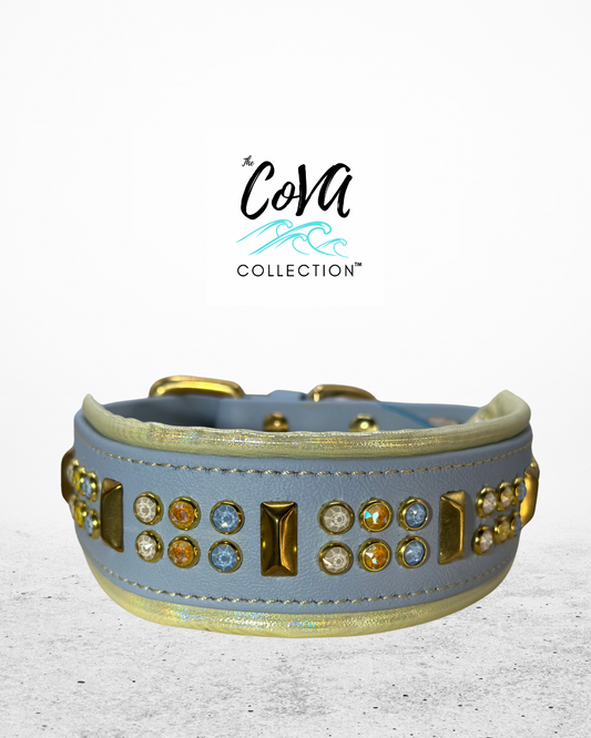 READY TO SHIP! 16" - 18" & 2" W Pastel Blue Yellow Gold Crystals Luxury Biothane Vegan Leather Dog Cat CoVA Collar