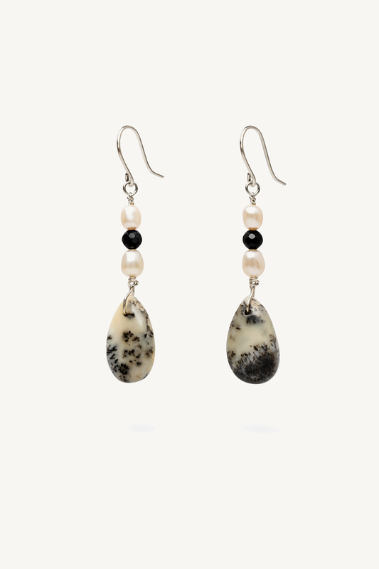 One of a Kind Dendritic Opal, Pearl & Black Onyx Earrings | Natural Gemstone Jewelry on matte ivory background