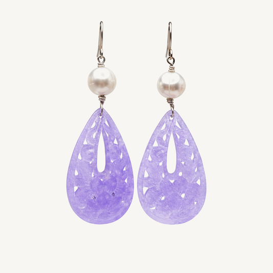 One-of-a-Kind Hand Carved Purple Jade &amp; Pearl Earrings on matte ivory background