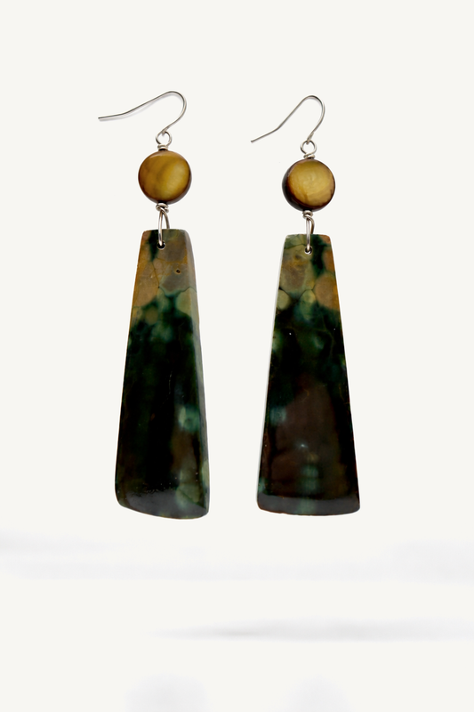 Ocean Jasper & Golden Mother of Pearl Earrings in Sterling Silver (OOAK) on matte ivory background
