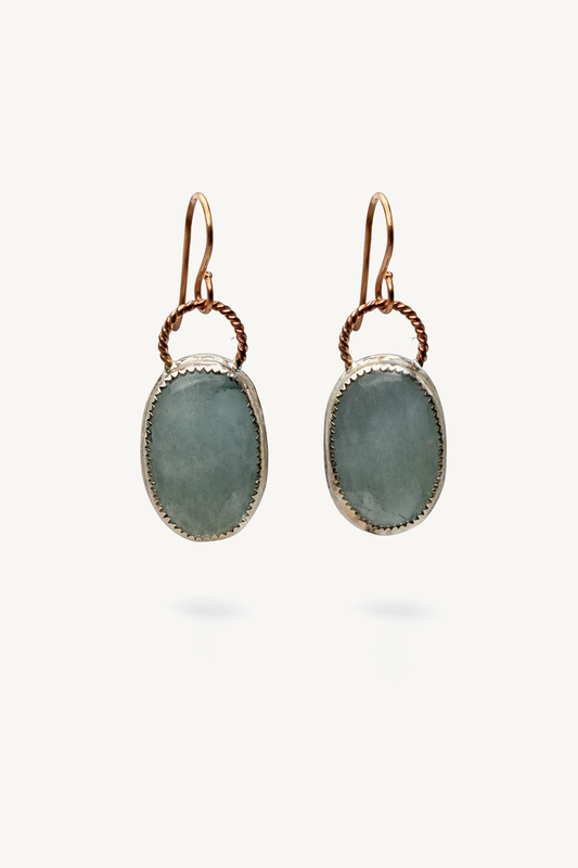 Natural Aquamarine Rose Cut Earrings – Sterling Silver Bezel, 14K Rose Gold Filled Twisted Wire, Handmade Dangle Earrings on matte ivory background
