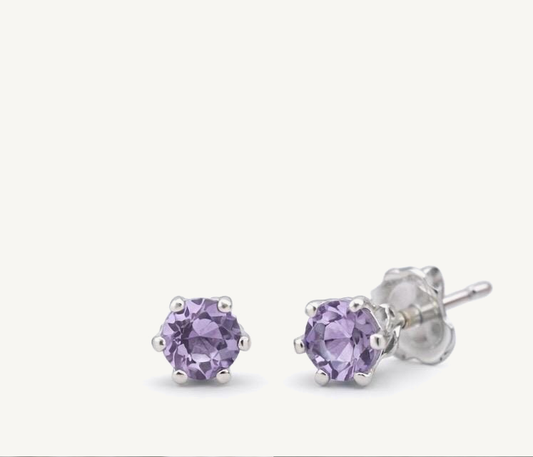 Lavender Amethyst Stud Earrings | 4mm Natural Amethyst | Sterling Silver | Handmade Minimal Birthstone Studs on matte ivory background