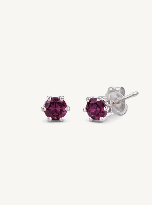 Rhodolite Garnet Stud Earrings | 4mm Natural Rhodo Garnet | Sterling Silver | Handmade Minimal Birthstone Studs on matte ivory background
