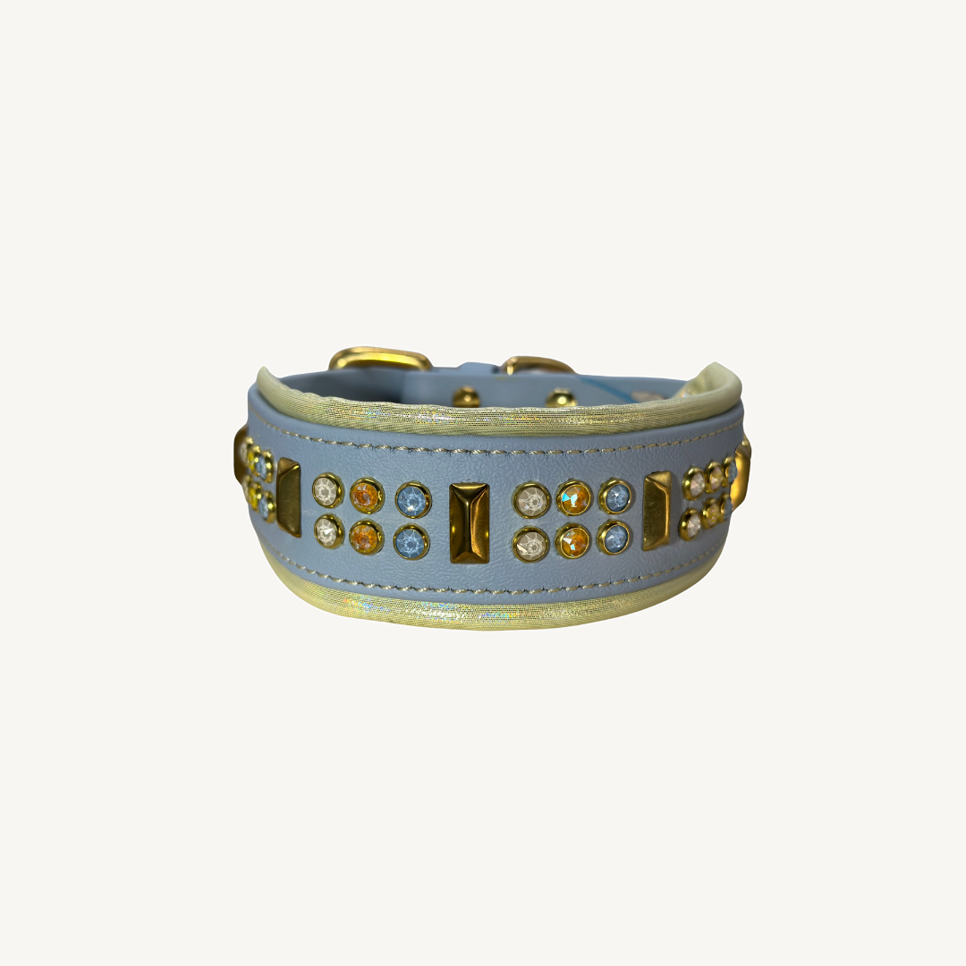 READY TO SHIP! 16" - 18" & 2" W Pastel Blue Yellow Gold Crystals Luxury Biothane Vegan Leather Dog Cat CoVA Collar on ivory background