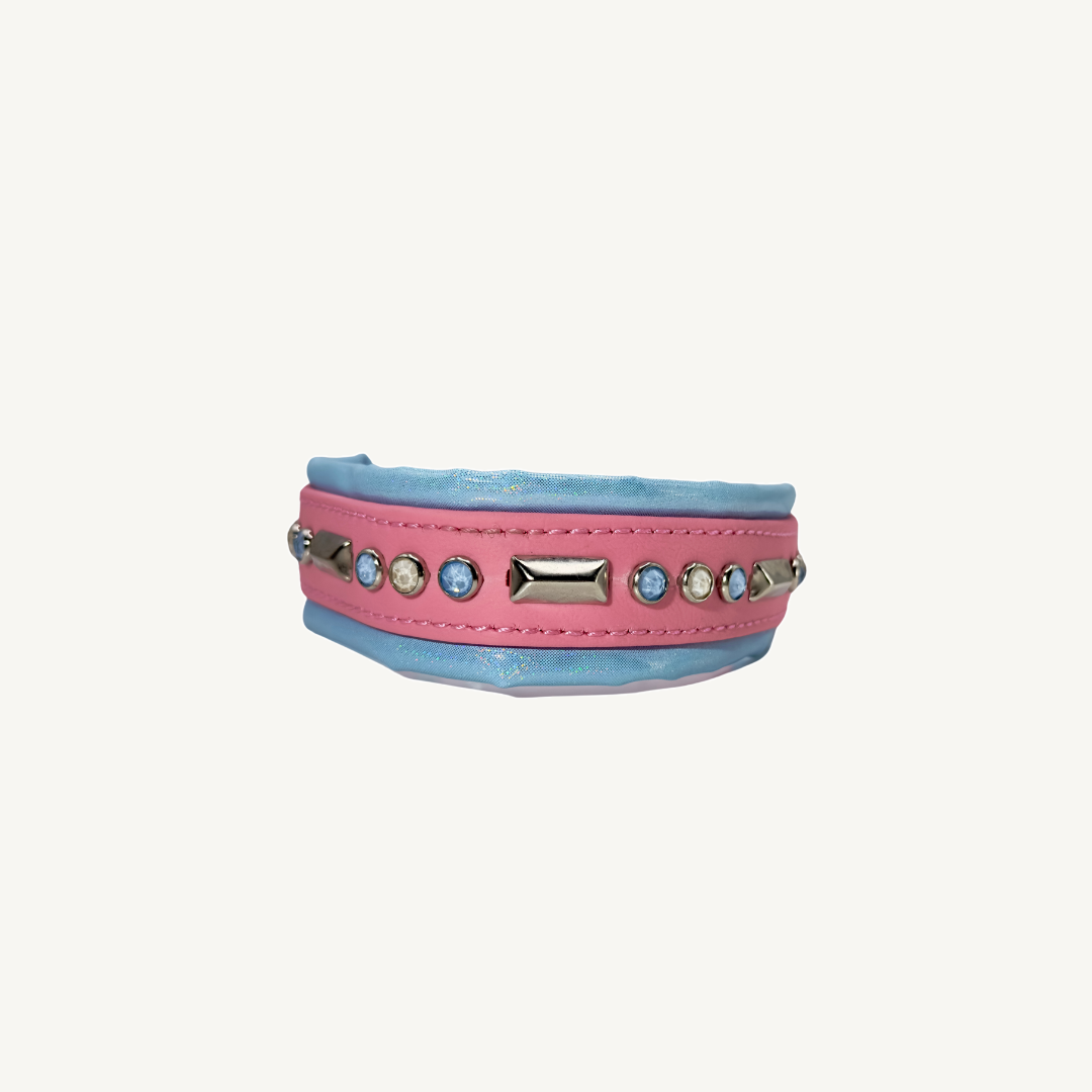 READY TO SHIP!!! 14.75" - 16.75" & 1.5" W Discontinued Pastel Bubblegum Pink Blue Biothane Glowing Crystal Luxury Dog Cat CoVA Collar on ivory background