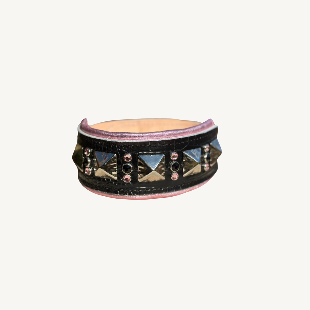 Luxury Leather Dog Collar | Premium Pink Black Silver Crystal Italian | 15"-17" & 2.5 Wide on ivory background