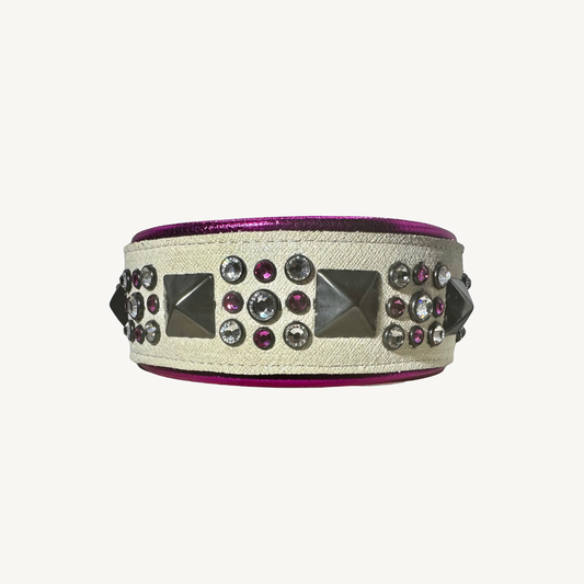 QUICK SHIP!!! 18-20" & 2.5 Wide Barbie Pink White Black Luxury Dog Cat Leather Crystal CoVA Collar on ivory background