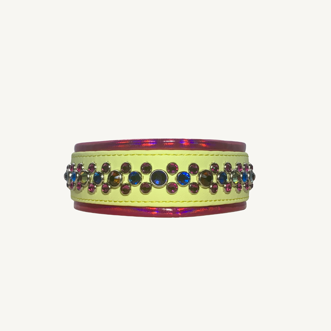 New Color Release - Pastel Yellow READY TO SHIP! 15" - 17" & 1.5" W Volcano Fuchsia Vegan Leather Biothane Crystal Luxury Dog Cat Collar on ivory background