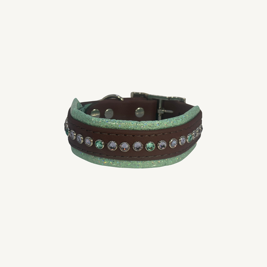 READY TO SHIP!!! 12.5" - 14.5" & 1.5" wide Mesmera Mint Red-Brown Nickel Biothane Bling Crystal Luxury Pixie Dog Cat Collar on ivory background
