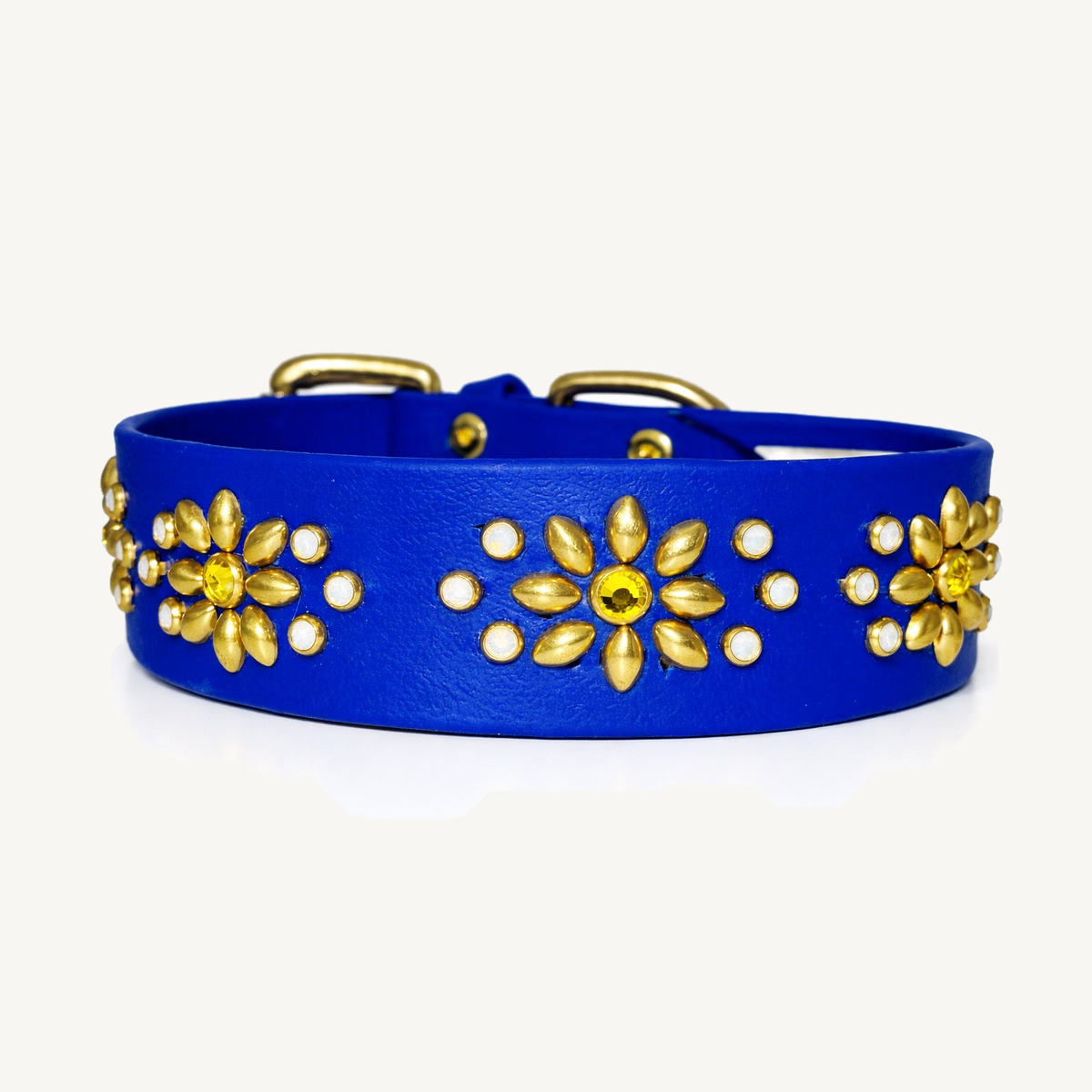 Royal Blue Luxury Dog Collar 17.5–19.5” | 1.5” Wide Waterproof Biothane | Solid Brass & Crystal Floral Studded on ivory background