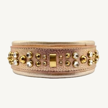 Luxury Rose Gold Leather Dog Collar | Solid Brass Hardware | Genuine Crystal & Crystal Aurum | 2” Wide Padded Statement Collar | 21–23” on ivory background